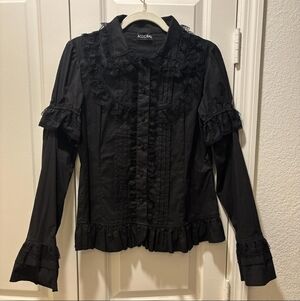ACDC RAG Black Lace Ruffle Button-Up Blouse